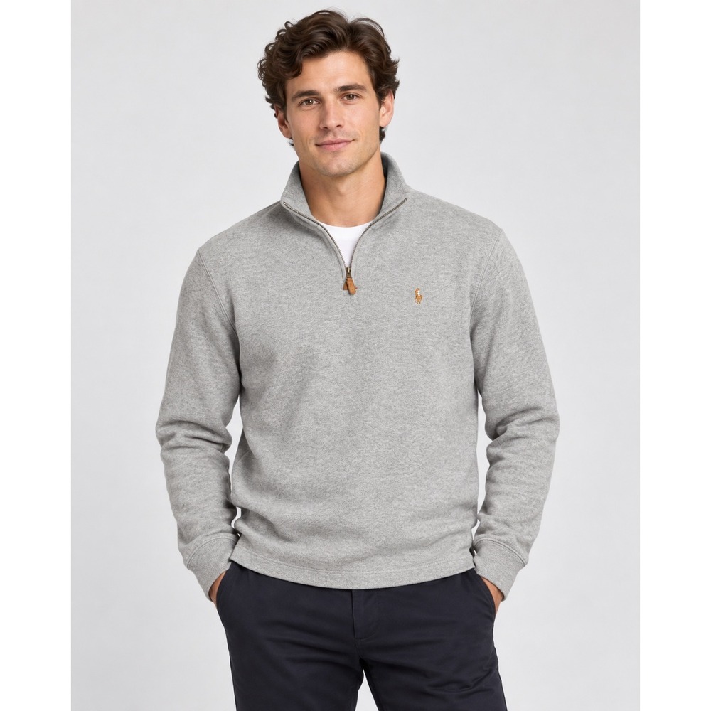 Polo Ralph Lauren Mens Quarter Zip Pullover Heather Grey Cotton Sweater Size M